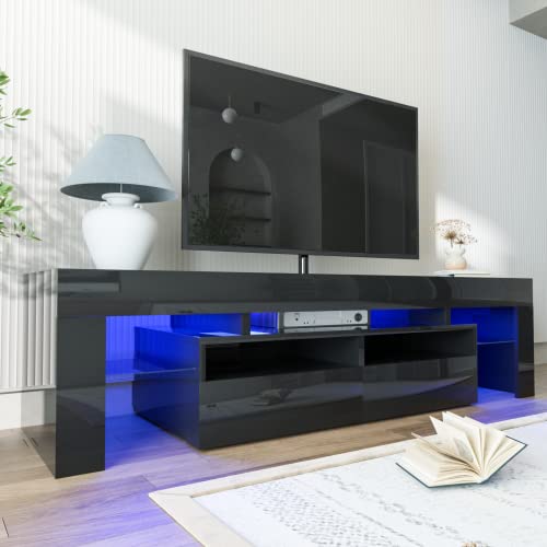 SUSSURRO LED TV Stand for 60/65/70 inch TV, Modern Gloss Entertainment Center with Drawer and Glass Open Shelf, Television Table Center Media Console for Living Room Bedroom， Black