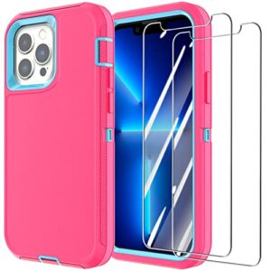 annymall for iphone 13 pro max case with 2 screen protector heavy duty shockproof dropproof 3-layer protective full body rugged military phone cover for apple iphone 13 pro max (pink/blue)