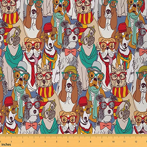 Dogs Upholstery Fabric by The Yard, Cartoon Pug Fabric by The Yard, Puppy Dog Lover Decorative Fabric for Upholstery and Home DIY Projects, Funny Pet Animal Fabric, DIY Art Craft Patchwork, 10 Yards