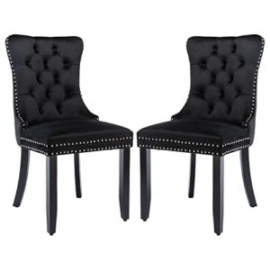 geevivo velvet dining chairs set of 2, upholstered tufted dining room chairs with nailhead button back and ring pull trim, solid wood legs side dining chairs for dining room/kitchen/restaurant, black