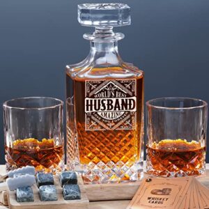 ponpur gifts for men him husband from wife, whiskey decanter set with 2 whisky glasses, unique anniversary birthday gift for husband, cool christmas presents for scotch bourbon lovers