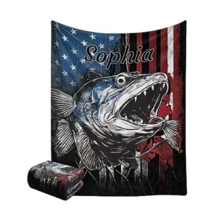 fishing american flag vintage personalized blanket with name super soft fleece throw blankets for bed couch birthday wedding gift 60 x 80 inch