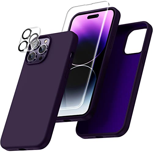 Uyiton [5 in 1 for iPhone 14 Pro Max Case, with 2 Pack Screen Protector + 2 Pack Camera Lens Protector, Liquid Silicone [Full Body] Protection Shockproof [Drop Protection] 6.7 inches, Dark Purple