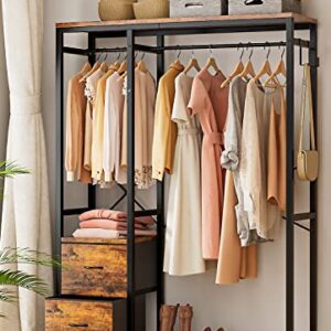 Lulive Clothes Rack, Heavy Duty Garment Rack for Hanging Clothes, Industrial Clothing Racks with Shelves, 2 Fabric Drawers, 4 Hooks, 2 Hanging Rods, Freestanding Closet Organizer, Rustic Brown