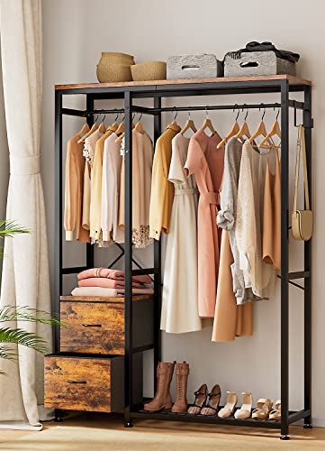 Lulive Clothes Rack, Heavy Duty Garment Rack for Hanging Clothes, Industrial Clothing Racks with Shelves, 2 Fabric Drawers, 4 Hooks, 2 Hanging Rods, Freestanding Closet Organizer, Rustic Brown