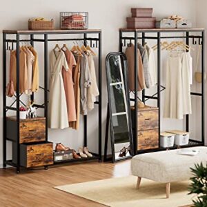 Lulive Clothes Rack, Heavy Duty Garment Rack for Hanging Clothes, Industrial Clothing Racks with Shelves, 2 Fabric Drawers, 4 Hooks, 2 Hanging Rods, Freestanding Closet Organizer, Rustic Brown