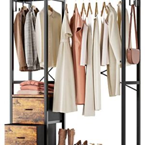 Lulive Clothes Rack, Heavy Duty Garment Rack for Hanging Clothes, Industrial Clothing Racks with Shelves, 2 Fabric Drawers, 4 Hooks, 2 Hanging Rods, Freestanding Closet Organizer, Rustic Brown