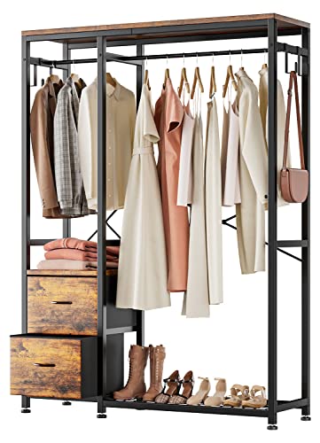 Lulive Clothes Rack, Heavy Duty Garment Rack for Hanging Clothes, Industrial Clothing Racks with Shelves, 2 Fabric Drawers, 4 Hooks, 2 Hanging Rods, Freestanding Closet Organizer, Rustic Brown