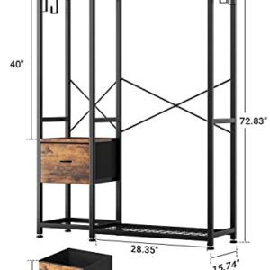 Lulive Clothes Rack, Heavy Duty Garment Rack for Hanging Clothes, Industrial Clothing Racks with Shelves, 2 Fabric Drawers, 4 Hooks, 2 Hanging Rods, Freestanding Closet Organizer, Rustic Brown