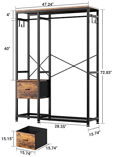 Lulive Clothes Rack, Heavy Duty Garment Rack for Hanging Clothes, Industrial Clothing Racks with Shelves, 2 Fabric Drawers, 4 Hooks, 2 Hanging Rods, Freestanding Closet Organizer, Rustic Brown