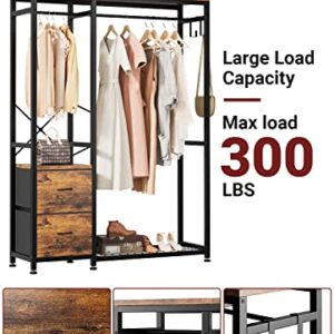 Lulive Clothes Rack, Heavy Duty Garment Rack for Hanging Clothes, Industrial Clothing Racks with Shelves, 2 Fabric Drawers, 4 Hooks, 2 Hanging Rods, Freestanding Closet Organizer, Rustic Brown