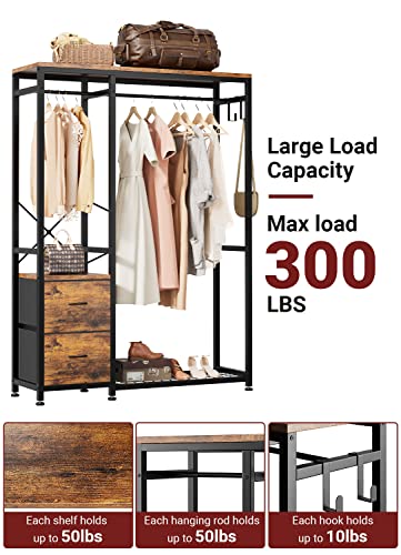 Lulive Clothes Rack, Heavy Duty Garment Rack for Hanging Clothes, Industrial Clothing Racks with Shelves, 2 Fabric Drawers, 4 Hooks, 2 Hanging Rods, Freestanding Closet Organizer, Rustic Brown