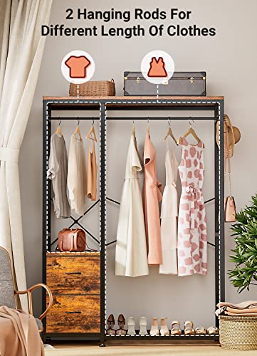 Lulive Clothes Rack, Heavy Duty Garment Rack for Hanging Clothes, Industrial Clothing Racks with Shelves, 2 Fabric Drawers, 4 Hooks, 2 Hanging Rods, Freestanding Closet Organizer, Rustic Brown