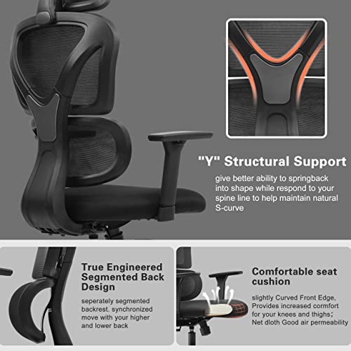 FelixKing Ergonomic Office Chair, Home Office Rolling Swivel Chair Mesh High Back Computer Chair with 3D Adjustable Armrest & Lumbar Support, Blade Wheels Desk Chair with Headrest (Black)