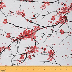 cherry blossom fabric by the yard, japanese style upholstery fabric, romantic floral decorative fabric, watercolor flower branch fabric, upholstery and home accents, red black, 1 yard