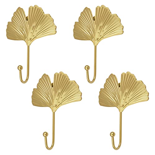 MOROBOR Decorative Leaves Iron Hooks,4pcs Ginkgo Leaf Shape Wall Mounted Hooks Modern Key Holder Wall Mounted Gold Single Prong Coat Hanger Home Office Nursery Room Decoration