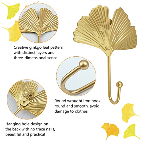 MOROBOR Decorative Leaves Iron Hooks,4pcs Ginkgo Leaf Shape Wall Mounted Hooks Modern Key Holder Wall Mounted Gold Single Prong Coat Hanger Home Office Nursery Room Decoration