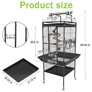 61'' Bird Cage, Large Bird Flight Cages Aviary with Rolling Stand & Bottom Tray, Wrought Iron Birdcage with PlayTop & Rope Bungee Bird Toy for Parakeet, Parrot, Lovebirds, Pigeons, Cockatiels, Macaw