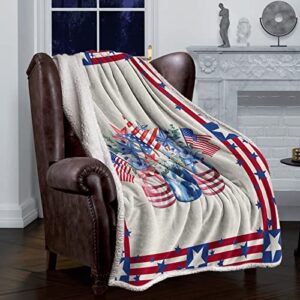 LEOKOTI 4th of July Spring Floral Ultra Warm Sherpa Blankets Throw, Red Stripes Star Independence Day Durable Double-Side Fluffy Baby Throw Blanket for All Seasons Throw Size 50" x 60"