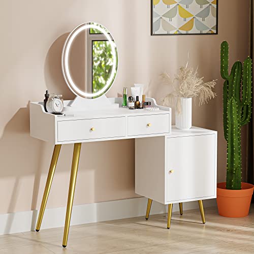 Cozy Castle Vanity Desk with Lighted Mirror, Makeup Vanity Table with Drawers and Adjustable Cabinet, Dressing Table Without Chair for Makeup Room, and Bedroom, White