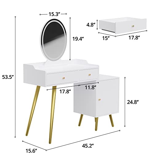 Cozy Castle Vanity Desk with Lighted Mirror, Makeup Vanity Table with Drawers and Adjustable Cabinet, Dressing Table Without Chair for Makeup Room, and Bedroom, White