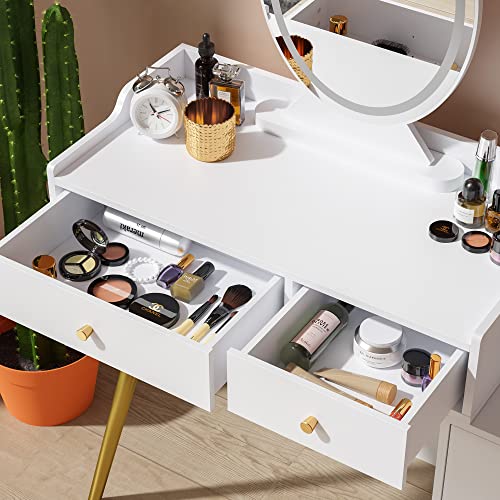 Cozy Castle Vanity Desk with Lighted Mirror, Makeup Vanity Table with Drawers and Adjustable Cabinet, Dressing Table Without Chair for Makeup Room, and Bedroom, White