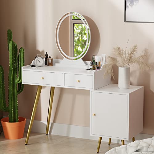 Cozy Castle Vanity Desk with Lighted Mirror, Makeup Vanity Table with Drawers and Adjustable Cabinet, Dressing Table Without Chair for Makeup Room, and Bedroom, White