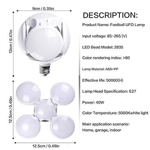Otai LED Flicker Free Football lamp, 40W Garage roof Folding Bulb, E26/E274000LM LED Workshop lamp, 6000K Fluorescent Warehouse lamp, Applicable to Indoor, Garage, Basement, barn, attic, 1 Package