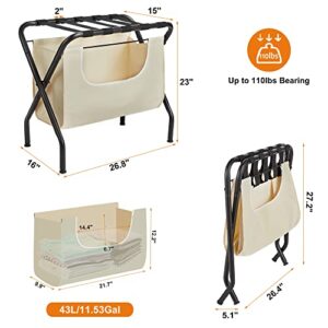 ELYKEN 4 Pack Luggage Rack with Laundry Bag, Guest Room Folding Space Saving Suitcase Holder, Max 110LBS Baggage Shelf with Heavy Duty Nylon Belts, Dirty Clothes Storage for Bedroom Hotel