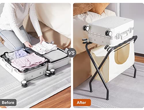ELYKEN 4 Pack Luggage Rack with Laundry Bag, Guest Room Folding Space Saving Suitcase Holder, Max 110LBS Baggage Shelf with Heavy Duty Nylon Belts, Dirty Clothes Storage for Bedroom Hotel
