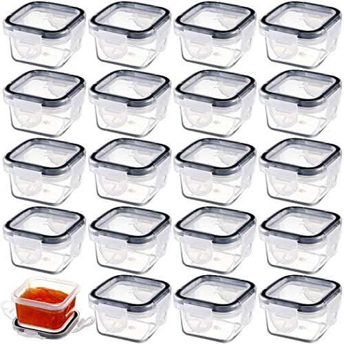 Mimorou 20 Pcs Plastic Salad Dressing Containers 2 oz Sauce for Lunch Box Reusable Condiment with Lids Square Mini Fridge Leakproof Food Storage Containers, Clear & Black