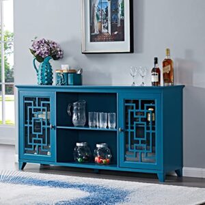 kivenjaja buffet cabinet with storage, 60” sideboard with 2 glass doors and adjustable shelves, coffee bar table credenza for kitchen, dining room, entryway, living room (teal blue)