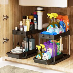 buybuyqueen 2 pack under sink organizers and storage,2 tier kitchen sink organizer,under the sink pull out cabinet organizer with 4 hooks sliding shelf for bathroom organization