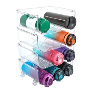 water bottle organizer, storage holder for kitchen organization,fridge, pantry,cabinet,countertop,cupboard- plastic cup rack shelf for wine,water,drink- 4 pack,each rack holds 3 containers,clear