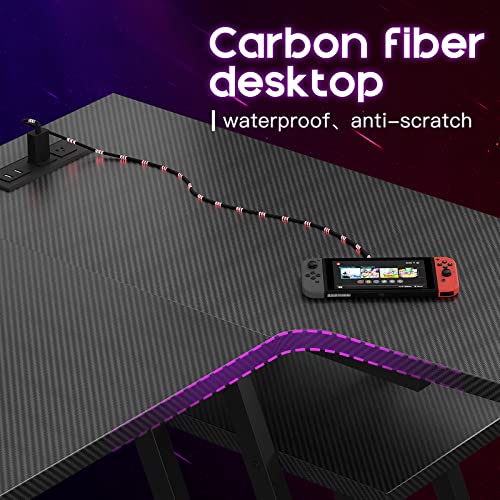 MOTPK L Shaped Gaming Desk with LED Lights, Corner Gaming Computer Desk 47inch with Power Outlets, Gaming Table with PC Storage Shelf, Gamer Desk with Monitor Shelf, Carbon Fiber Texture, Black