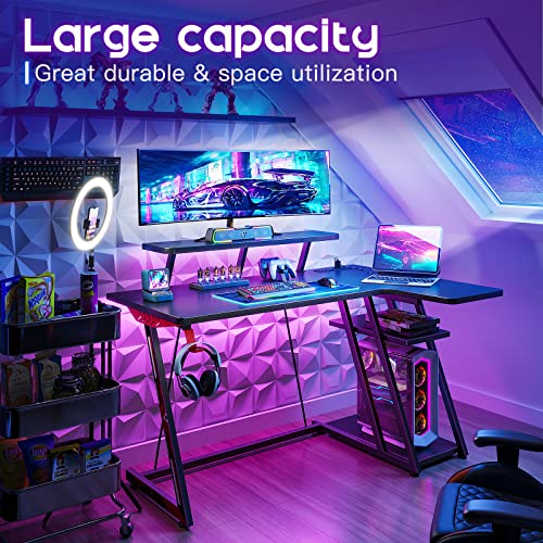 MOTPK L Shaped Gaming Desk with LED Lights, Corner Gaming Computer Desk 47inch with Power Outlets, Gaming Table with PC Storage Shelf, Gamer Desk with Monitor Shelf, Carbon Fiber Texture, Black