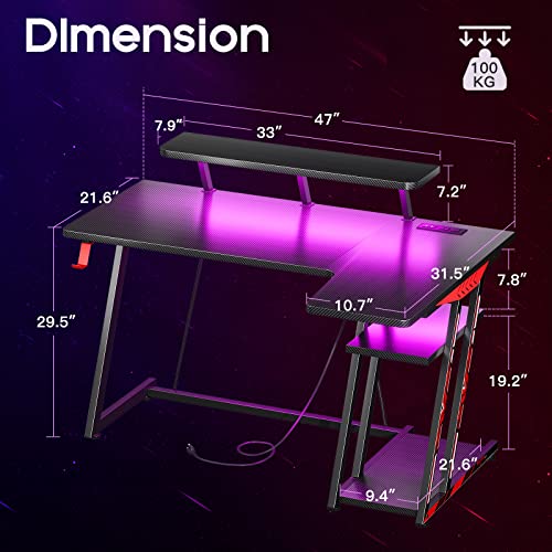 MOTPK L Shaped Gaming Desk with LED Lights, Corner Gaming Computer Desk 47inch with Power Outlets, Gaming Table with PC Storage Shelf, Gamer Desk with Monitor Shelf, Carbon Fiber Texture, Black