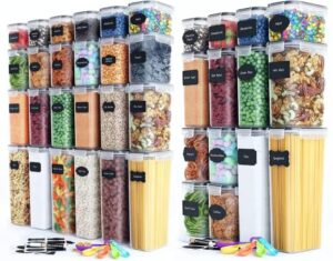 chef's path superior 38 pack airtight food storage containers with lids - plastic food canisters for pantry organization and storage - ideal for cereal, flour and sugar storage