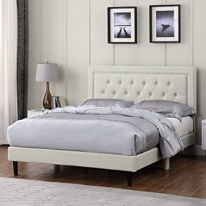 Full Upholstered Platform Bed Frame with 48" Tall Adjustable Headboard - Button Tufted Linen Velour Bed - Wood Slat Support with Storage Space - No Box Spring Needed - Beige - Oliver & Smith - Berlin