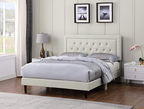 Full Upholstered Platform Bed Frame with 48" Tall Adjustable Headboard - Button Tufted Linen Velour Bed - Wood Slat Support with Storage Space - No Box Spring Needed - Beige - Oliver & Smith - Berlin