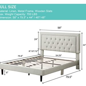 Full Upholstered Platform Bed Frame with 48" Tall Adjustable Headboard - Button Tufted Linen Velour Bed - Wood Slat Support with Storage Space - No Box Spring Needed - Beige - Oliver & Smith - Berlin