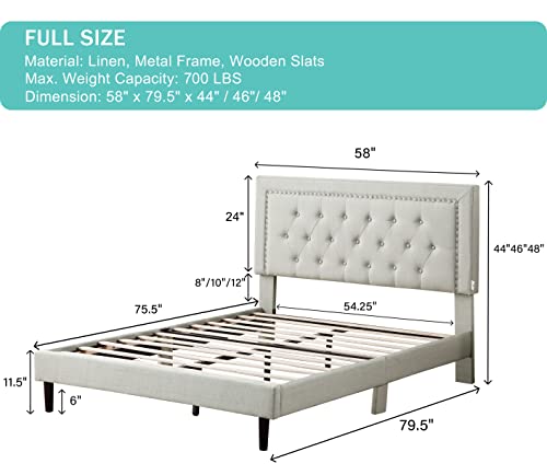 Full Upholstered Platform Bed Frame with 48" Tall Adjustable Headboard - Button Tufted Linen Velour Bed - Wood Slat Support with Storage Space - No Box Spring Needed - Beige - Oliver & Smith - Berlin