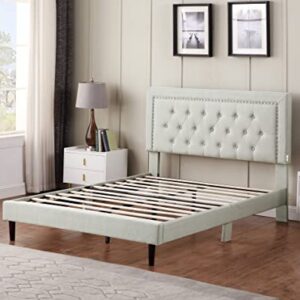 Full Upholstered Platform Bed Frame with 48" Tall Adjustable Headboard - Button Tufted Linen Velour Bed - Wood Slat Support with Storage Space - No Box Spring Needed - Beige - Oliver & Smith - Berlin