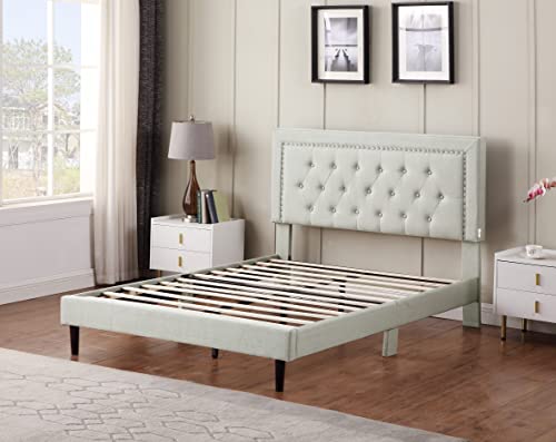 Full Upholstered Platform Bed Frame with 48" Tall Adjustable Headboard - Button Tufted Linen Velour Bed - Wood Slat Support with Storage Space - No Box Spring Needed - Beige - Oliver & Smith - Berlin