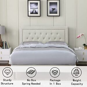 Full Upholstered Platform Bed Frame with 48" Tall Adjustable Headboard - Button Tufted Linen Velour Bed - Wood Slat Support with Storage Space - No Box Spring Needed - Beige - Oliver & Smith - Berlin