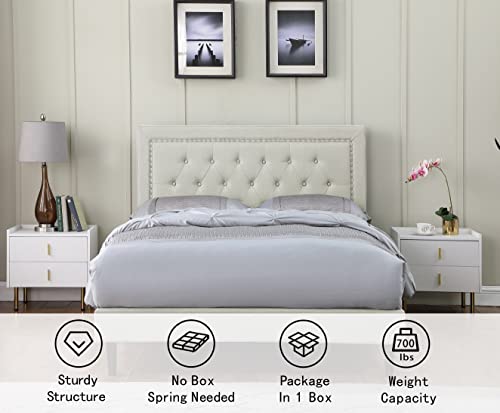 Full Upholstered Platform Bed Frame with 48" Tall Adjustable Headboard - Button Tufted Linen Velour Bed - Wood Slat Support with Storage Space - No Box Spring Needed - Beige - Oliver & Smith - Berlin