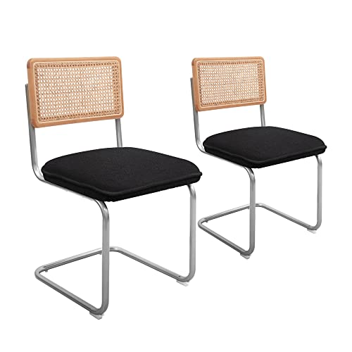 CangLong Mid-Century Modern, Natural Mesh Rattan Backrest, Upholstered Fleece Seat Armless Chairs with Metal Legs for Home Kitchen Dining Room, Set of 2, Black
