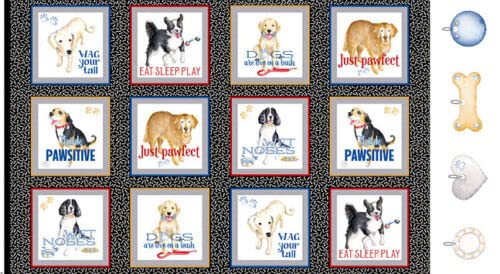 FlashPhoenix Quality Sewing Fabric –Dogs Think Pawsitive Puppy Fabric Animal Bones Blocks 100% Cotton 24x44 Panel