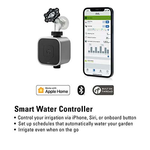 Eve Aqua – Smart water controller for Apple Home app or Siri, irrigate automatically with schedules, easy to use, remote access, no bridge, Bluetooth/Thread, HomeKit