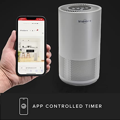 BLUE AURA PURE Air Purifier. H13 True HEPA Filter. Ideal for Home, Bedroom, Living room, Kitchen. Ozone-Free. 26db Quiet & Powerful. Wifi & App Enabled. Cleans 215 sq. ft in 15 min. AUTO. Slate Gray.